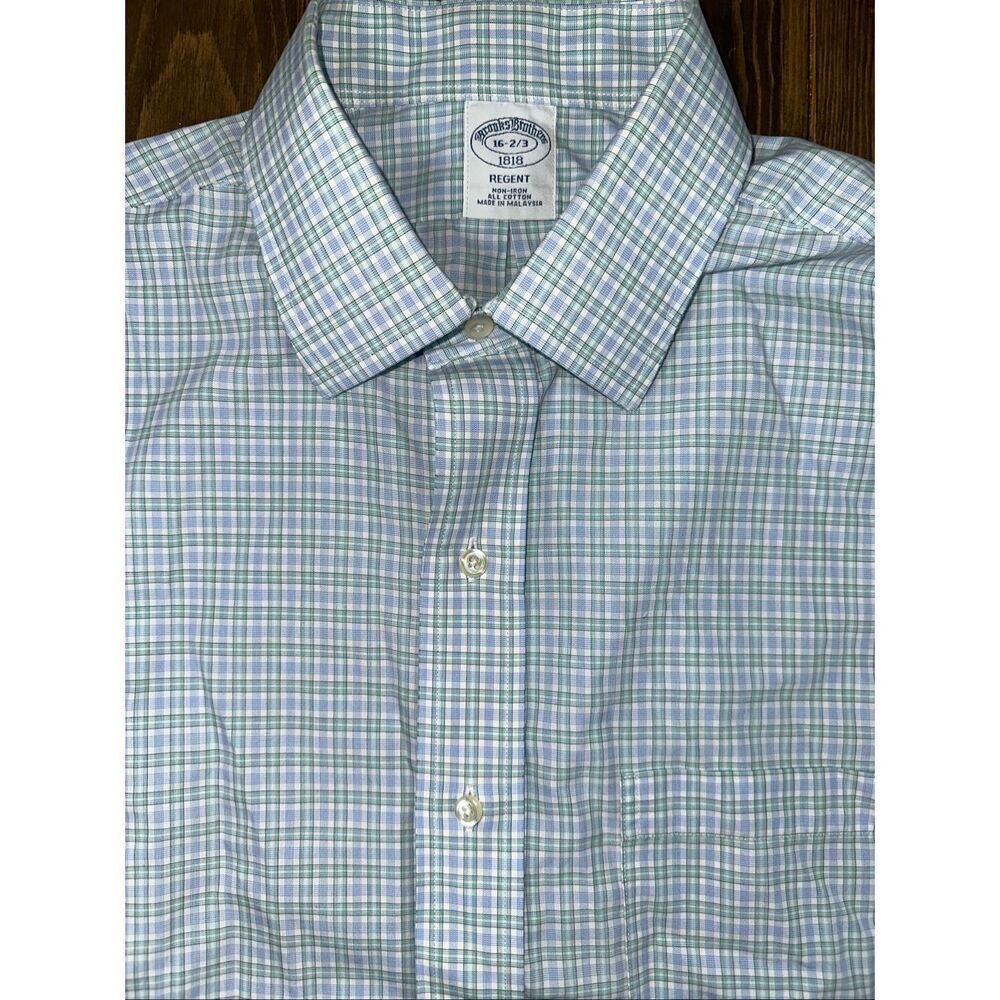 BROOKS BROTHERS SHIRT, Men 16 x 2/3 Blue White Green Plaid, NO IRON, EUC